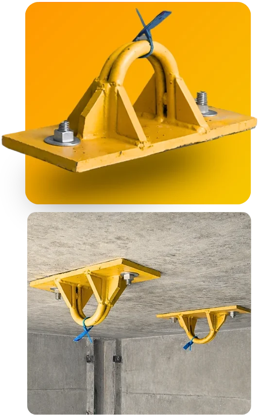 Gancho de ancoragem amarelo para linha de vida, com detalhe do suporte e exemplo instalado no teto de concreto.