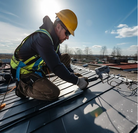 Trabalhador com EPI instalando linha de vida no telhado metálico para segurança em trabalho em altura.