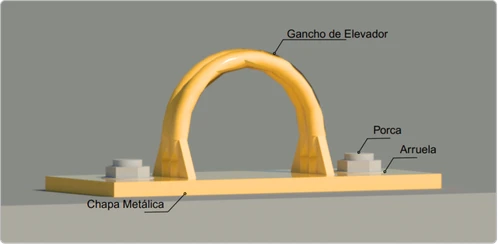 Ilustração técnica do gancho de ancoragem com memorial de cálculo, mostrando projeto com ART e detalhamento normativo.