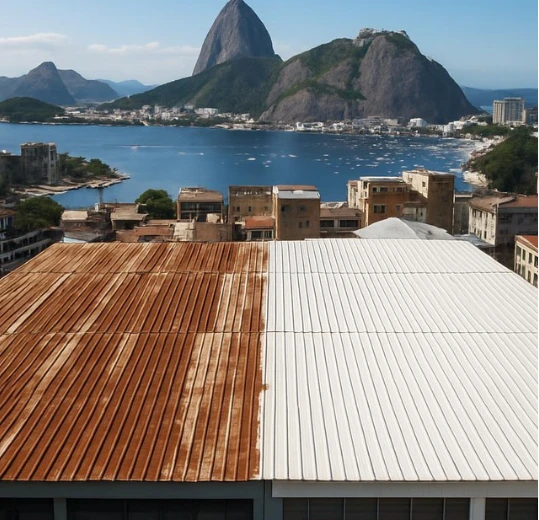 Antes e depois de pintura/revestimento em telhado metálico oxidado, com paisagem urbana ao fundo.