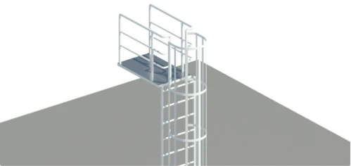 2) Modelo 3D de escada marinheiro com patamar e guarda-corpo, ilustrando projeto normatizado para instalação.