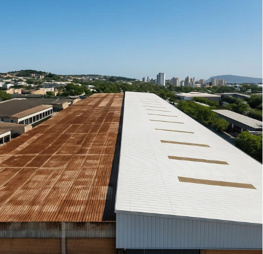 Vista aérea de cobertura industrial com telhas metálicas e área com oxidação, indicando necessidade de reforma/recuperação.