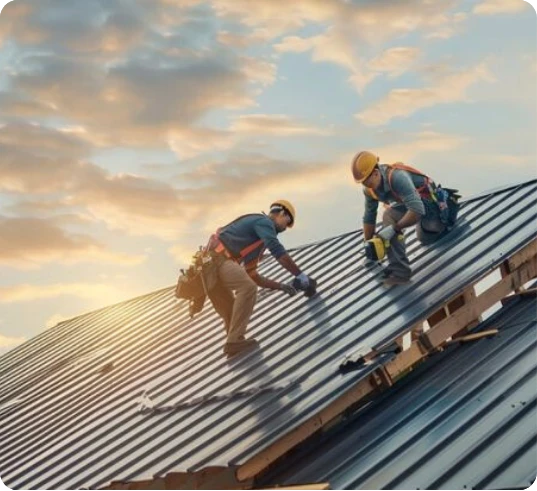 Dois trabalhadores com EPI instalando telhas metálicas em cobertura inclinada ao entardecer.