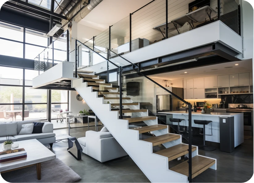 Mezanino residencial moderno com escada flutuante em madeira e estrutura metálica preta integrada à sala.
