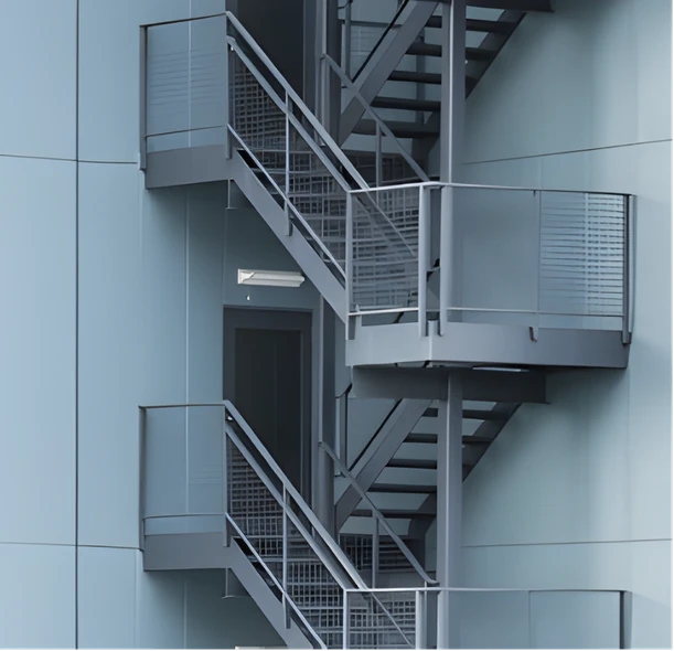 Escada metálica externa com guarda-corpo e plataformas intermediárias em estrutura industrial de aço.