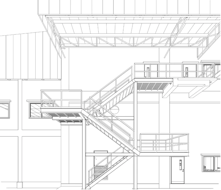 Projeto técnico BIM 3D de mezanino estrutural com escada e plataformas metálicas em planta arquitetônica.