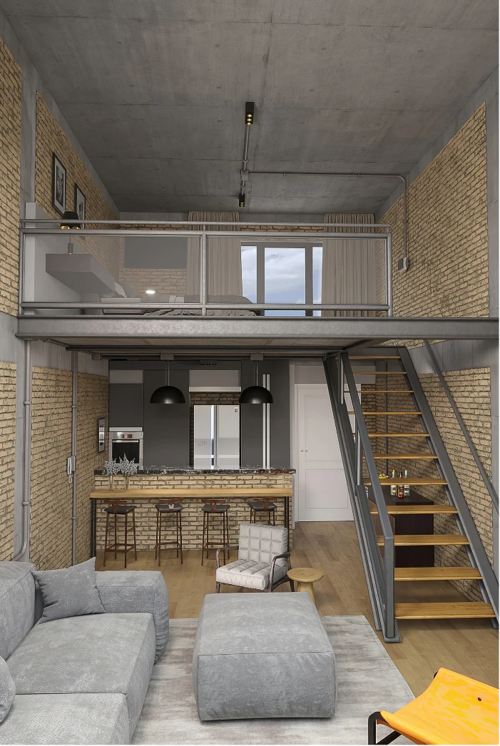 Mezanino residencial com estrutura metálica e escada de aço, ampliando área útil em apartamento estilo industrial.