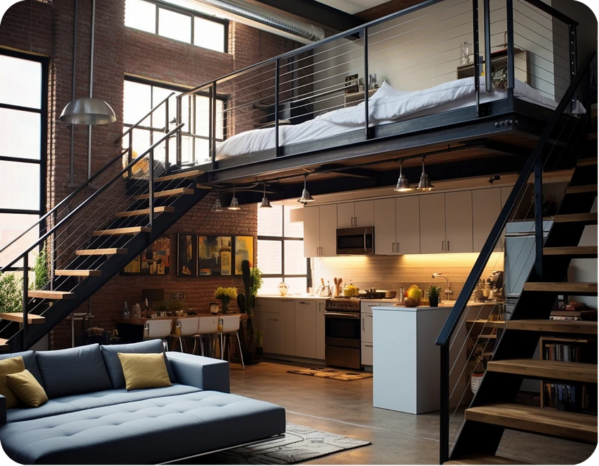 Mezanino metálico com quarto elevado e escada de madeira integrada à cozinha americana em estilo loft industrial.