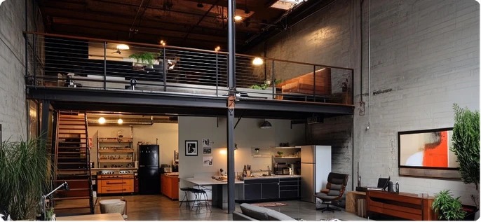 Mezanino industrial com estrutura metálica robusta, cozinha e área de estar no piso inferior de loft urbano.